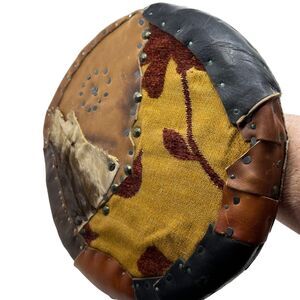 VIking Shield Hand Made Round Covered in Leather, Fabric, Calf Skin, Nail Detail